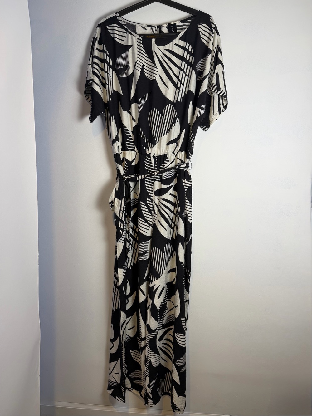 Black & Ivory Abstract Leaf Print Jumpsuit with Tie Waist